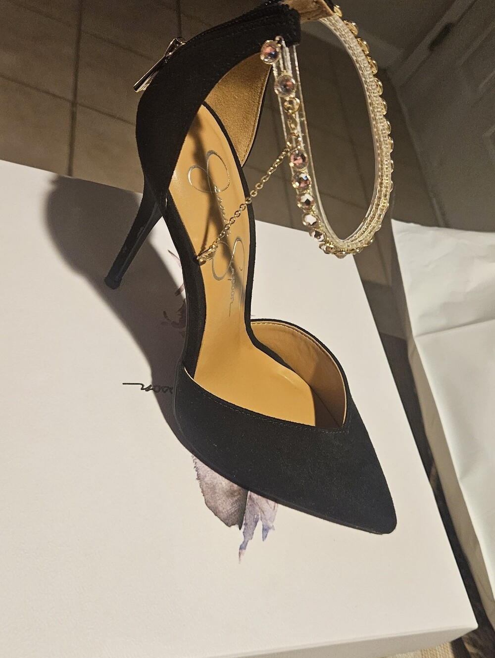 Jessica Simpson Black Pointed Ankle-Strap Heels with Gold Crystal Embellishment